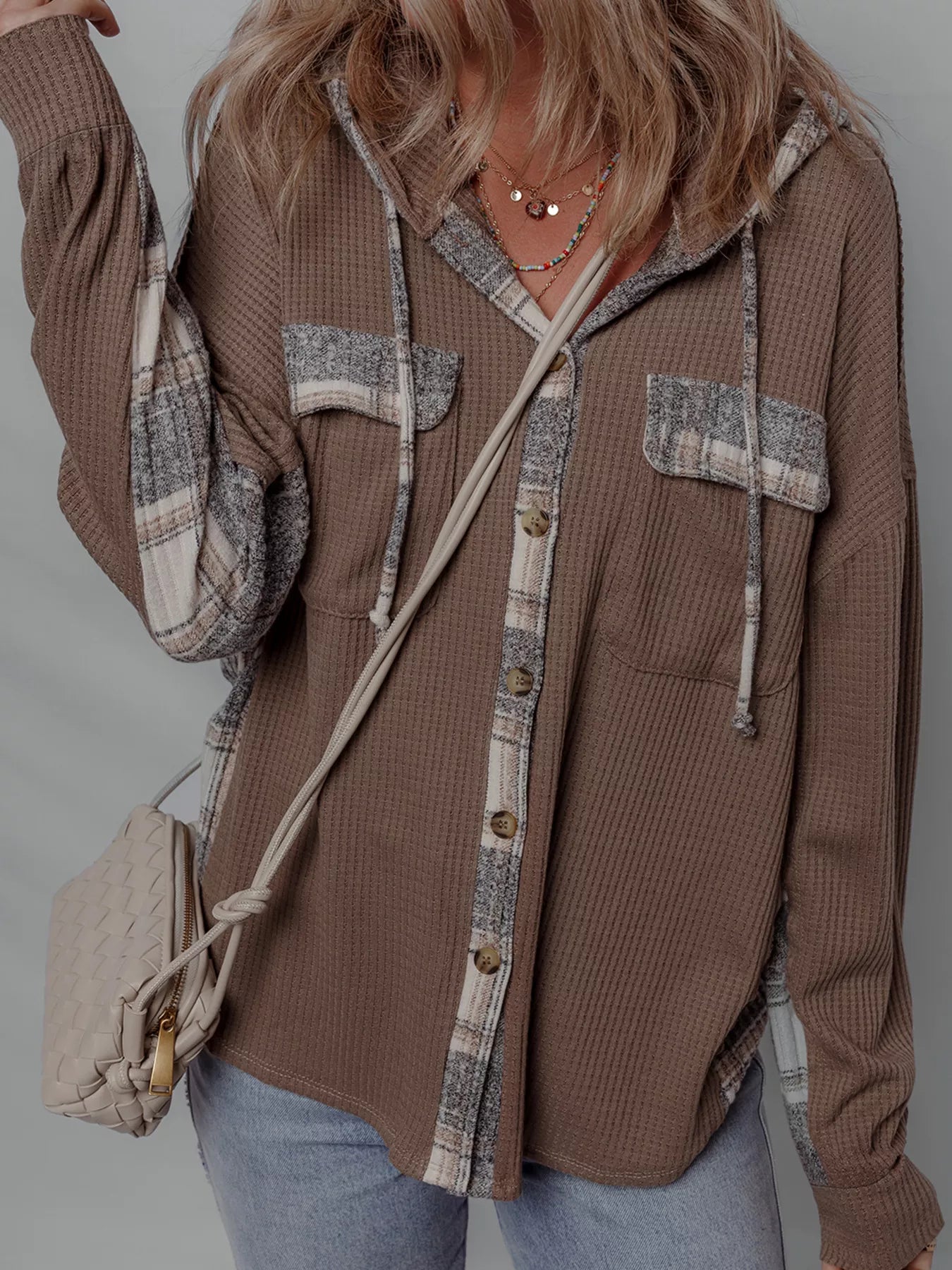 Plaid Patchwork Button Down Drawstring Hooded Shacket — Livostyle