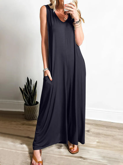 Sleeveless V-Neck Jumpsuit with Pockets in Black