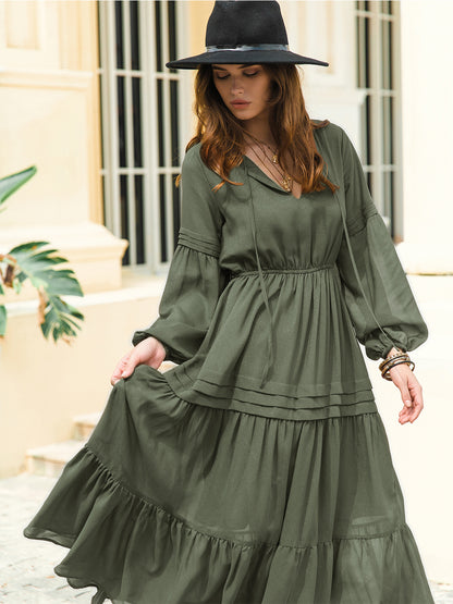 Tie Neck Long Sleeve Tiered Midi Dress in Army Green