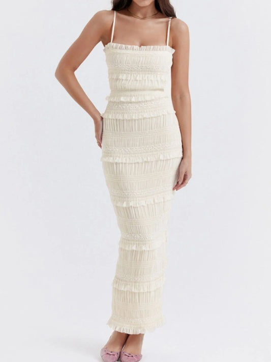 Frill Tiered Textured Cami Maxi Dress in Ivory White