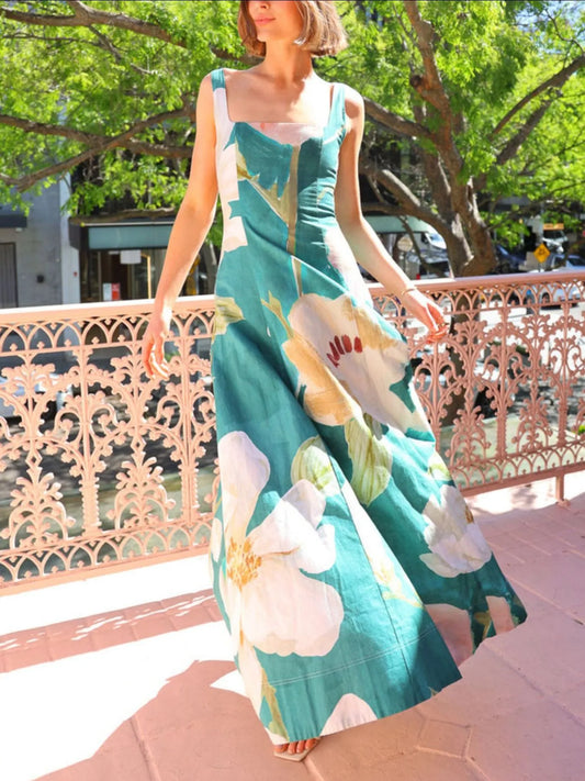 Floral Print Square Neck Tiered Ruffle Maxi Dress