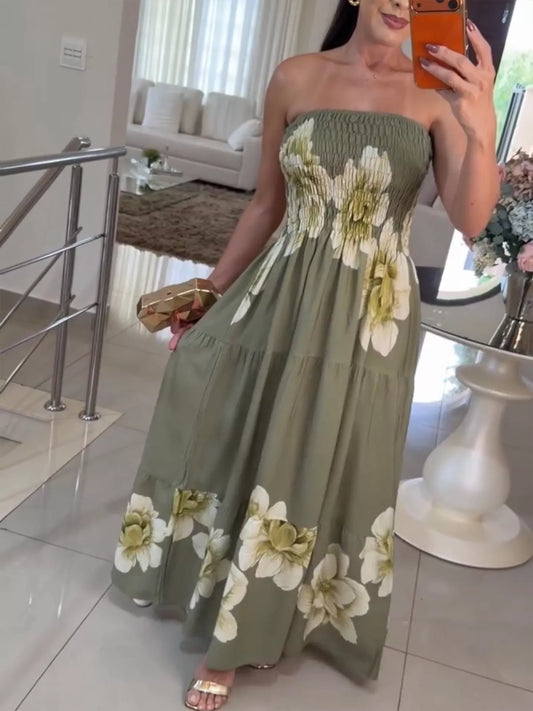 Floral Smocked Strapless Tiered Maxi Dress in Green