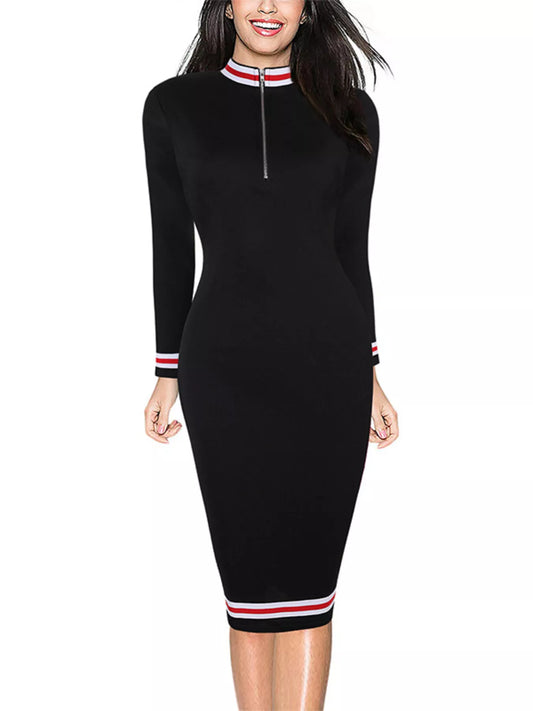 Striped Long Sleeve Bodycon Midi Dress with Zipper