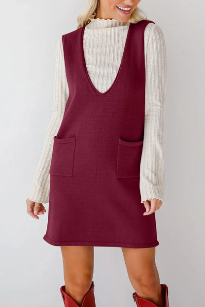 Lovelet Pocketed V-Neck Mini Sweater Overall Dress — Livostyle