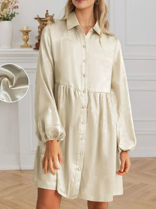 Satin Button-Down Shirt Dress in Apricot Color