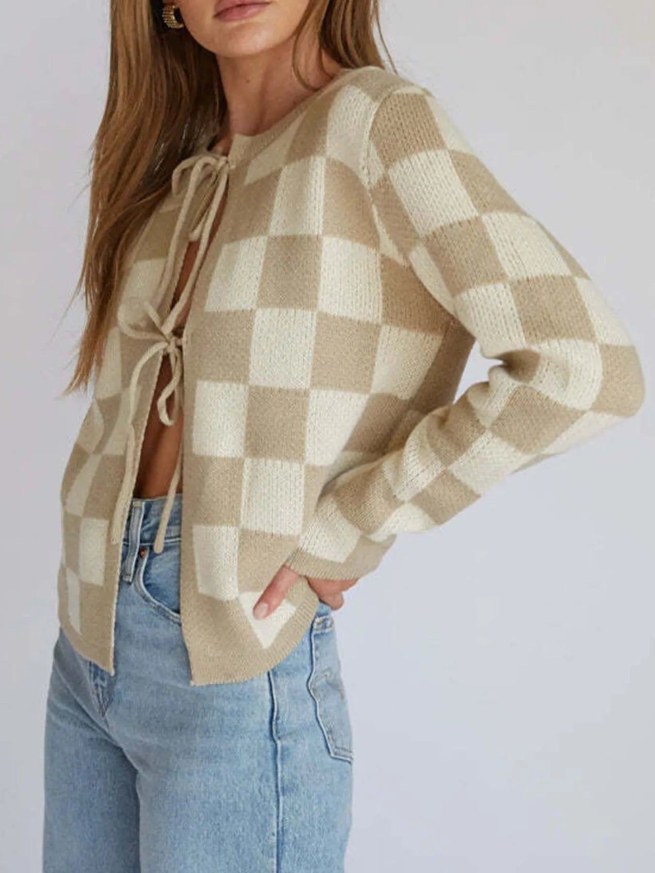 Checkered Tie-Front Cropped Cardigan back view — Livostyle