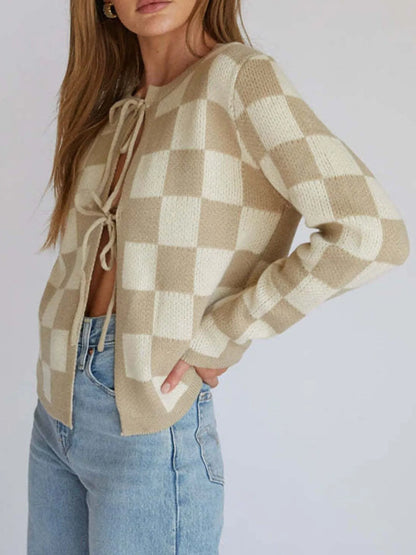Checkered Tie-Front Cropped Cardigan back view — Livostyle