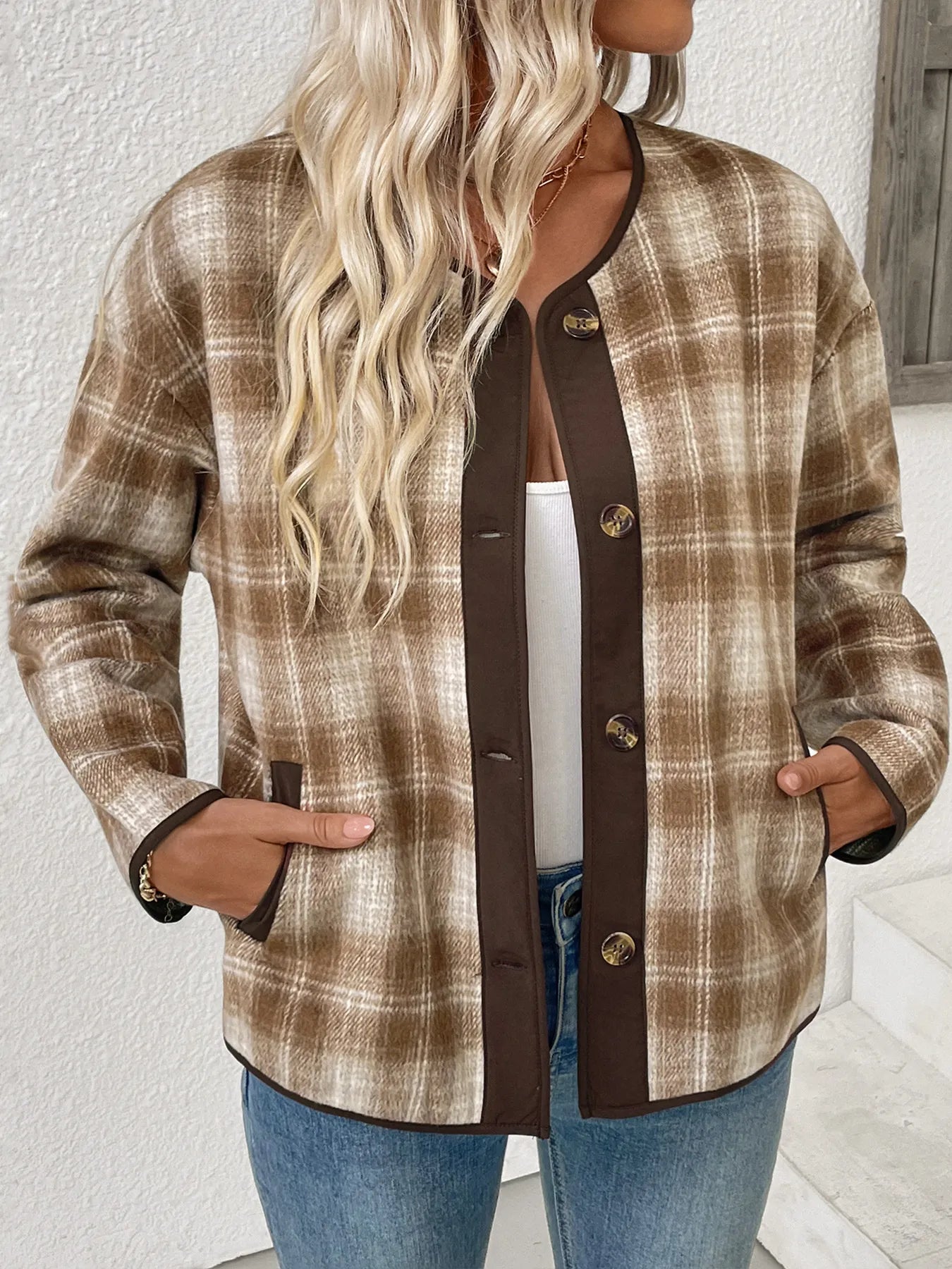 Plaid Long Sleeve Button-Up Jacket styling — Livostyle