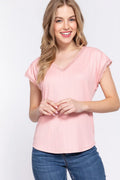 Elegant V-Neck Lace Trim Ribbed Short Sleeve Top — Livostyle