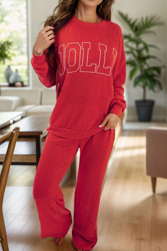JOLLY Round Neck Long Sleeve Top and Pants Lounge Set — Livostyle