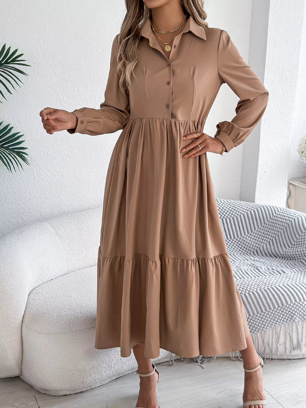 Long Sleeve Tiered Button-Front Midi Dress – photo 22