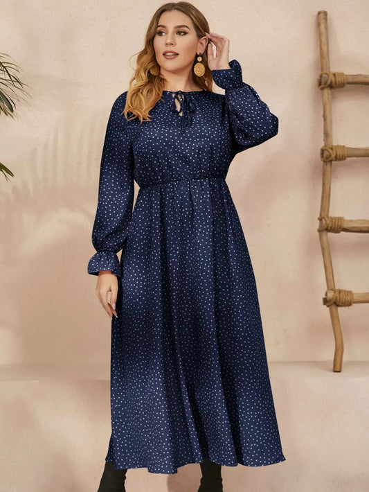 Ruffled Polka Dot Long Sleeve Midi Dress – Plus Size in Navy