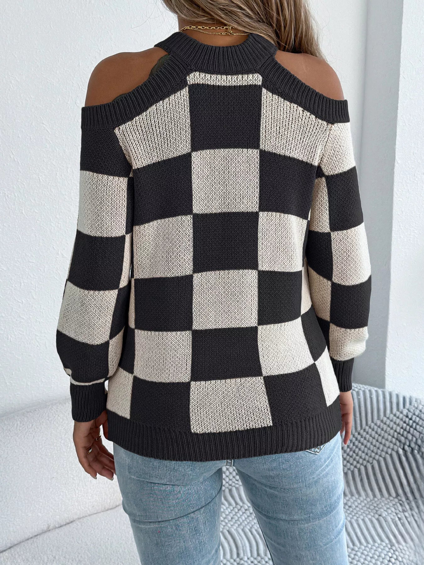 Cold Shoulder Checkered Long Sleeve Sweater back view — Livostyle