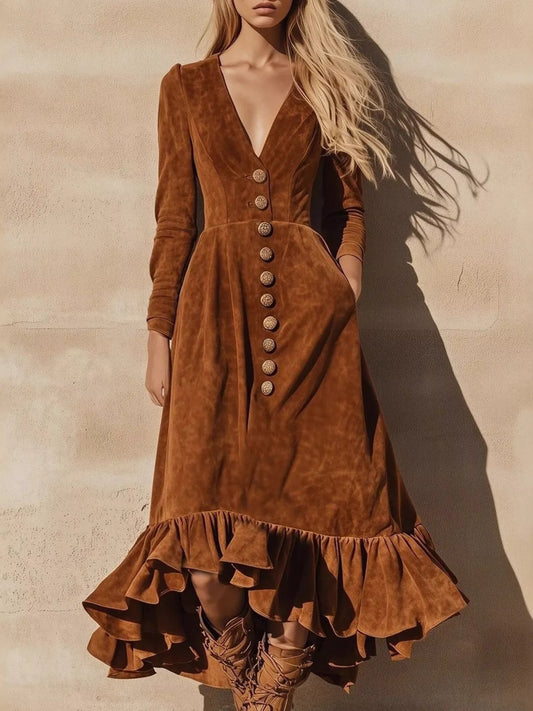 Ruffle Hem V-Neck Midi Dress with Pockets in Dark Brown