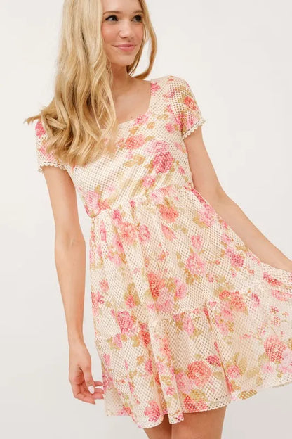 Elegant Square Neck Floral Dress with Fishnet Detailing — Livostyle