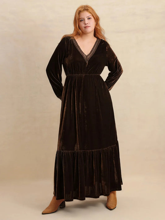Lace Detail Ruched V-Neck Long Sleeve Midi Dress – Plus Size in Dark Brown