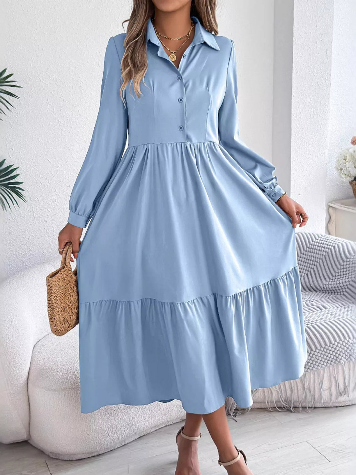 Long Sleeve Tiered Button-Front Midi Dress – photo 9