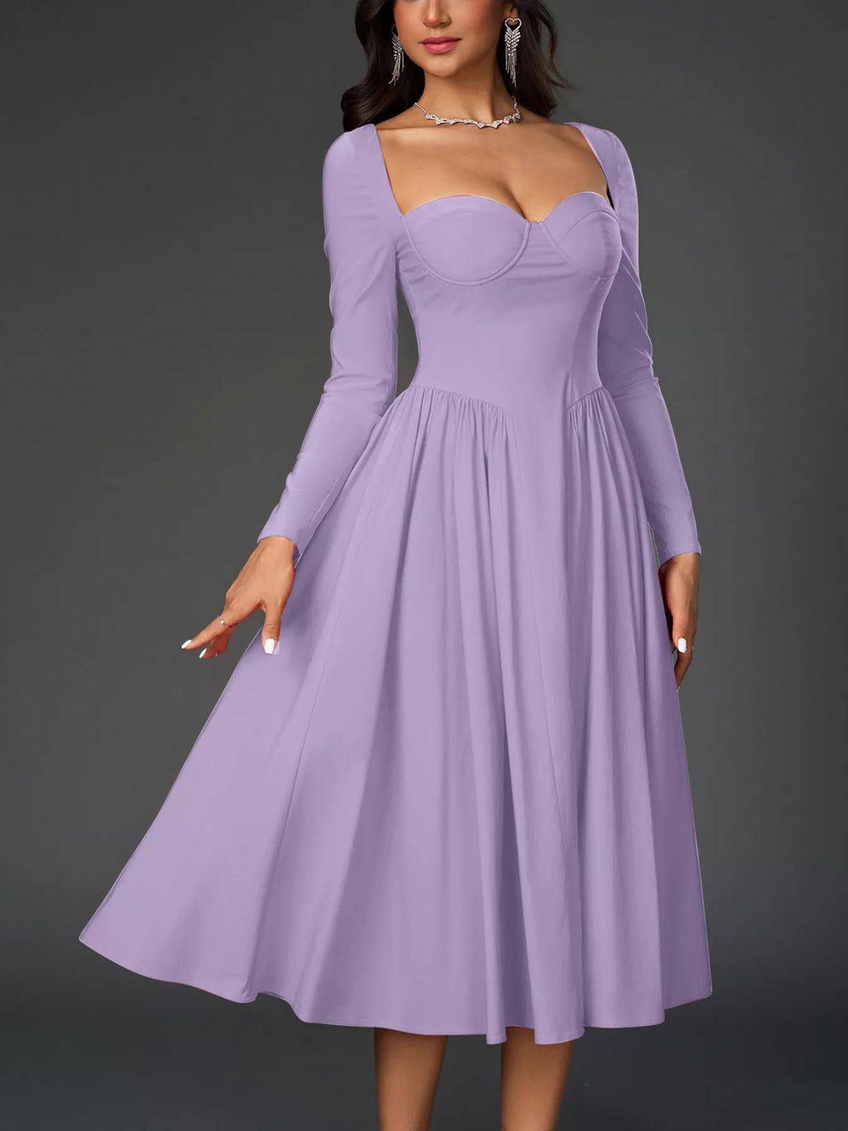 Sweetheart Neckline Long Sleeve A-Line Midi Dress – photo 18