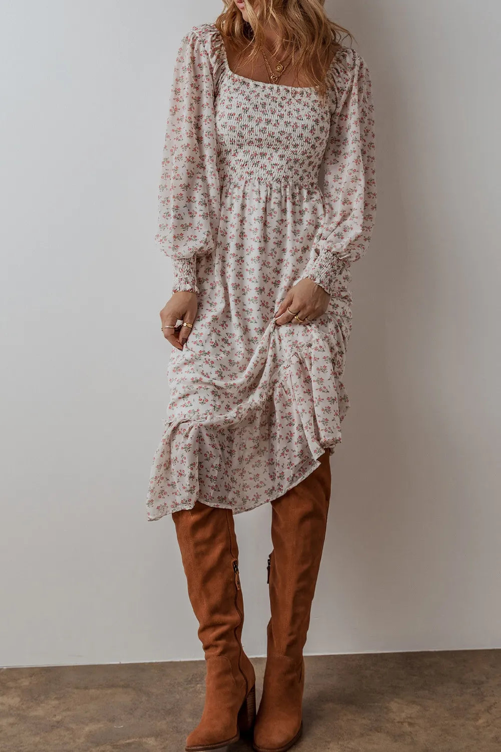 Smocked Floral Square Neck Long Sleeve Midi Dress – photo 4
