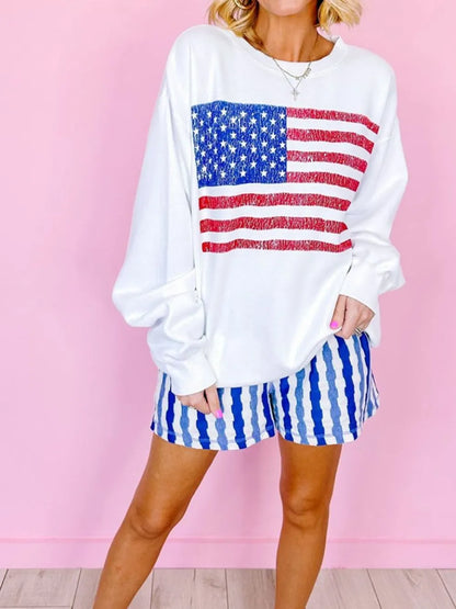 US Flag Round Neck Long Sleeve Sweatshirt closeup — Livostyle