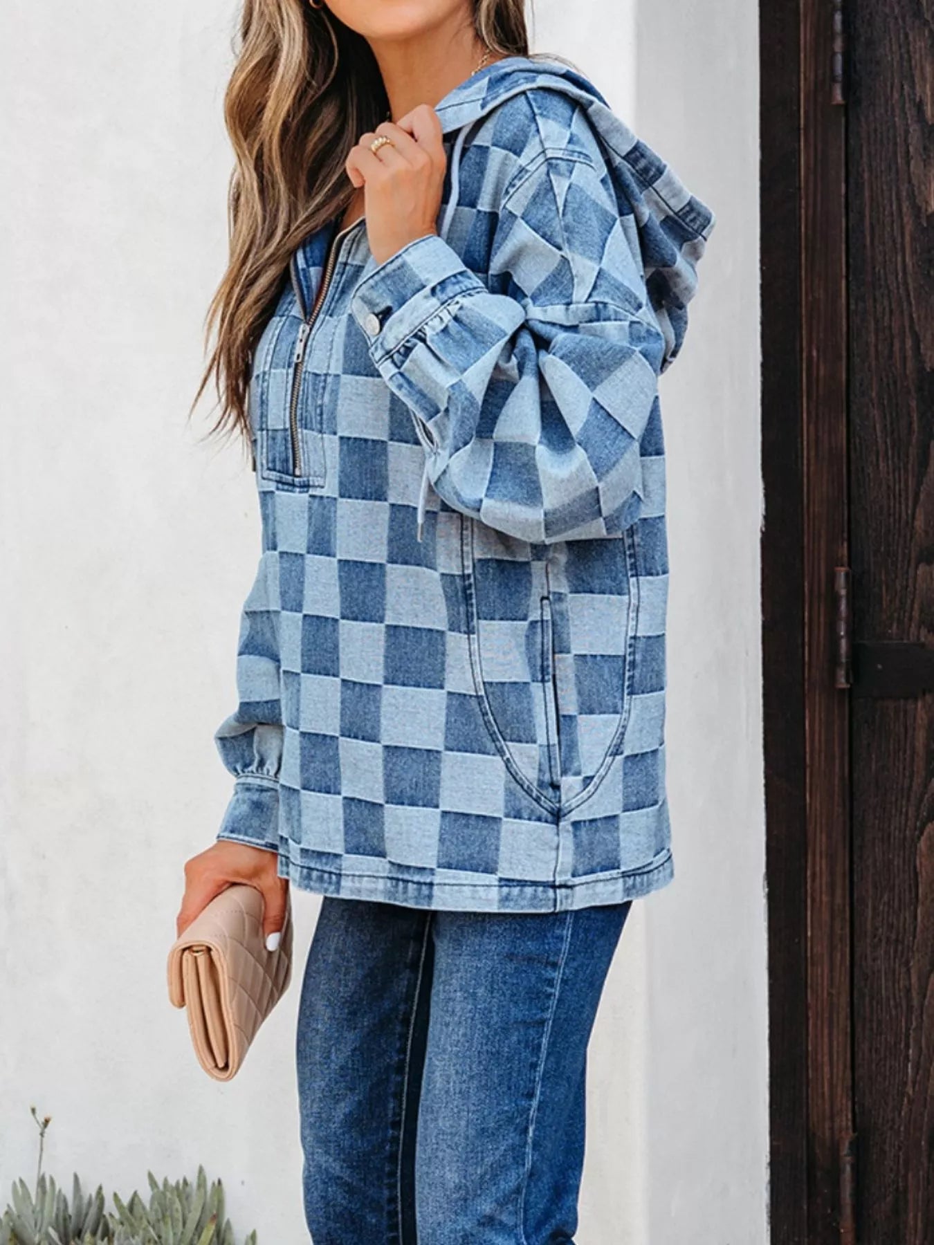 Checkered Half Zip Denim Hoodie Top styling — Livostyle