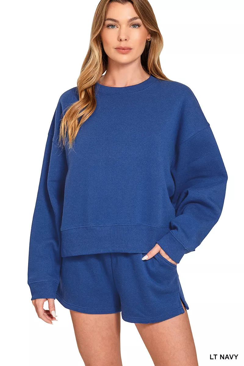 Fleece Round Neck Sweatshirt and Shorts Set — Livostyle