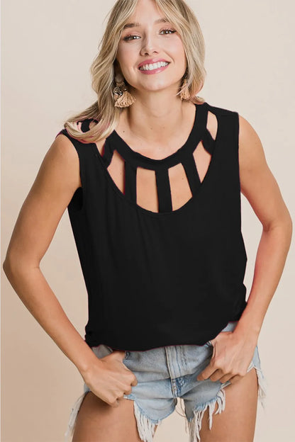 Sleek Round Neck Sleeveless Top with Chic Cutouts — Livostyle