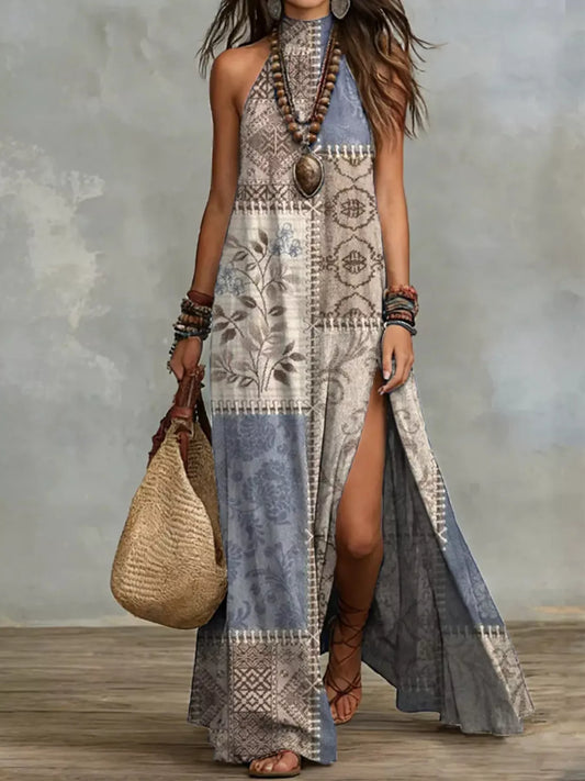 Printed Sleeveless Maxi Dress with Slit in Dusty Blue