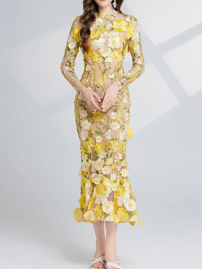 Floral Embroidered Mesh Long Sleeve Tiered Midi Dress – photo 17
