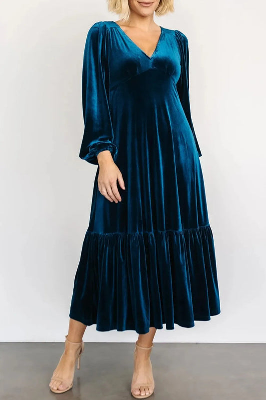 V-Neck Long Sleeve Ruched Velvet Midi Dress in Peacock  Blue