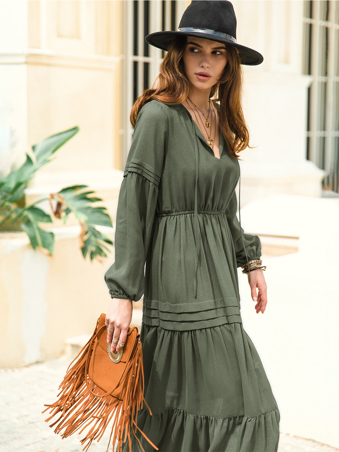 Tie Neck Long Sleeve Tiered Midi Dress – photo 18