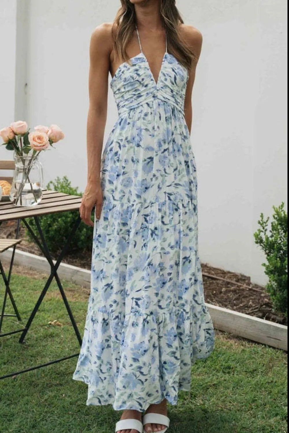 Floral Halter Neck Tiered Maxi Dress in Light Blue