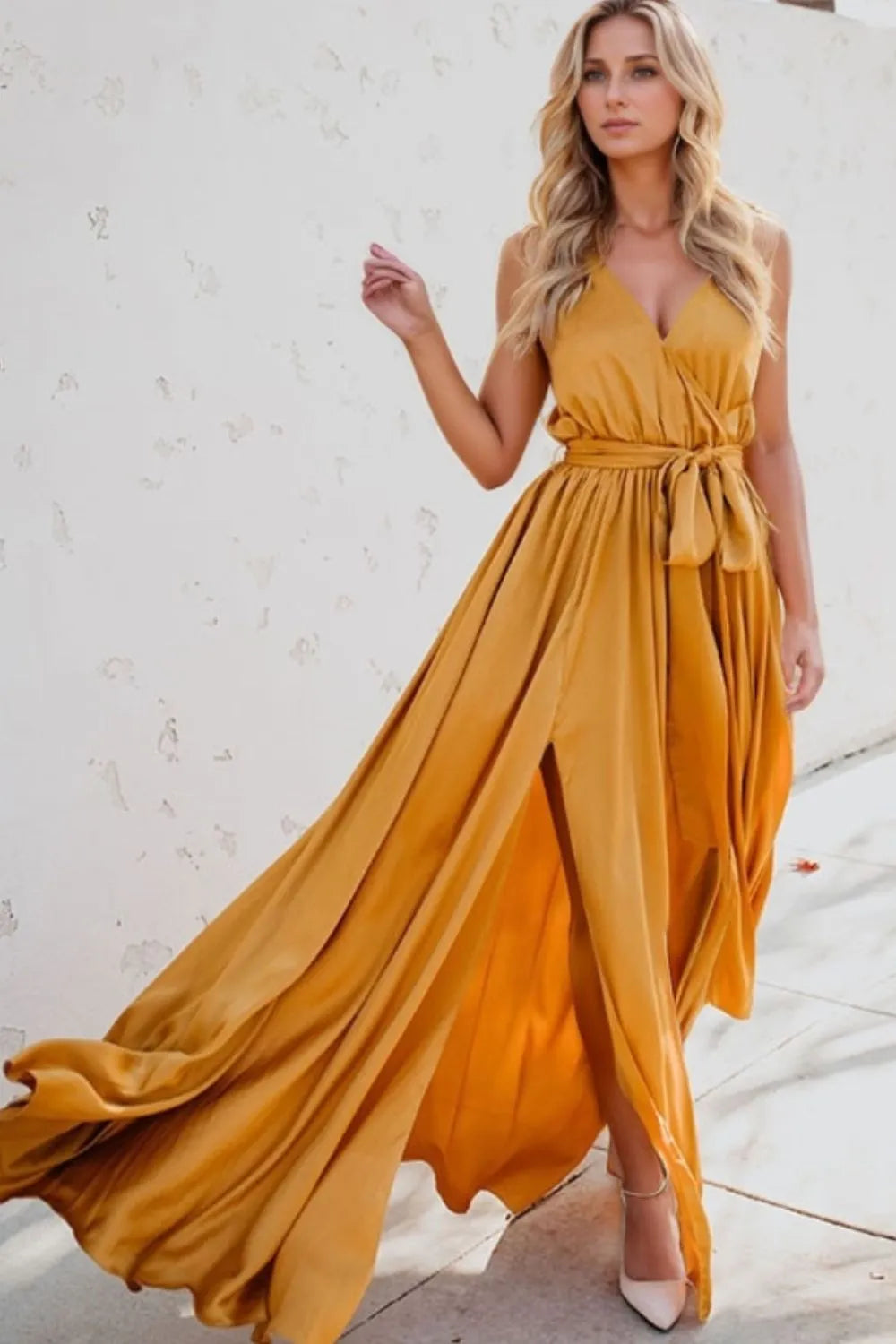 Surplice Tie Waist Maxi Dress in Gold
