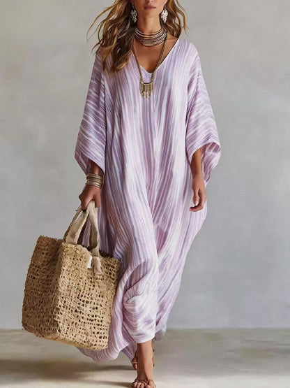 Striped V-Neck Oversized Maxi Dress in Pink Purple