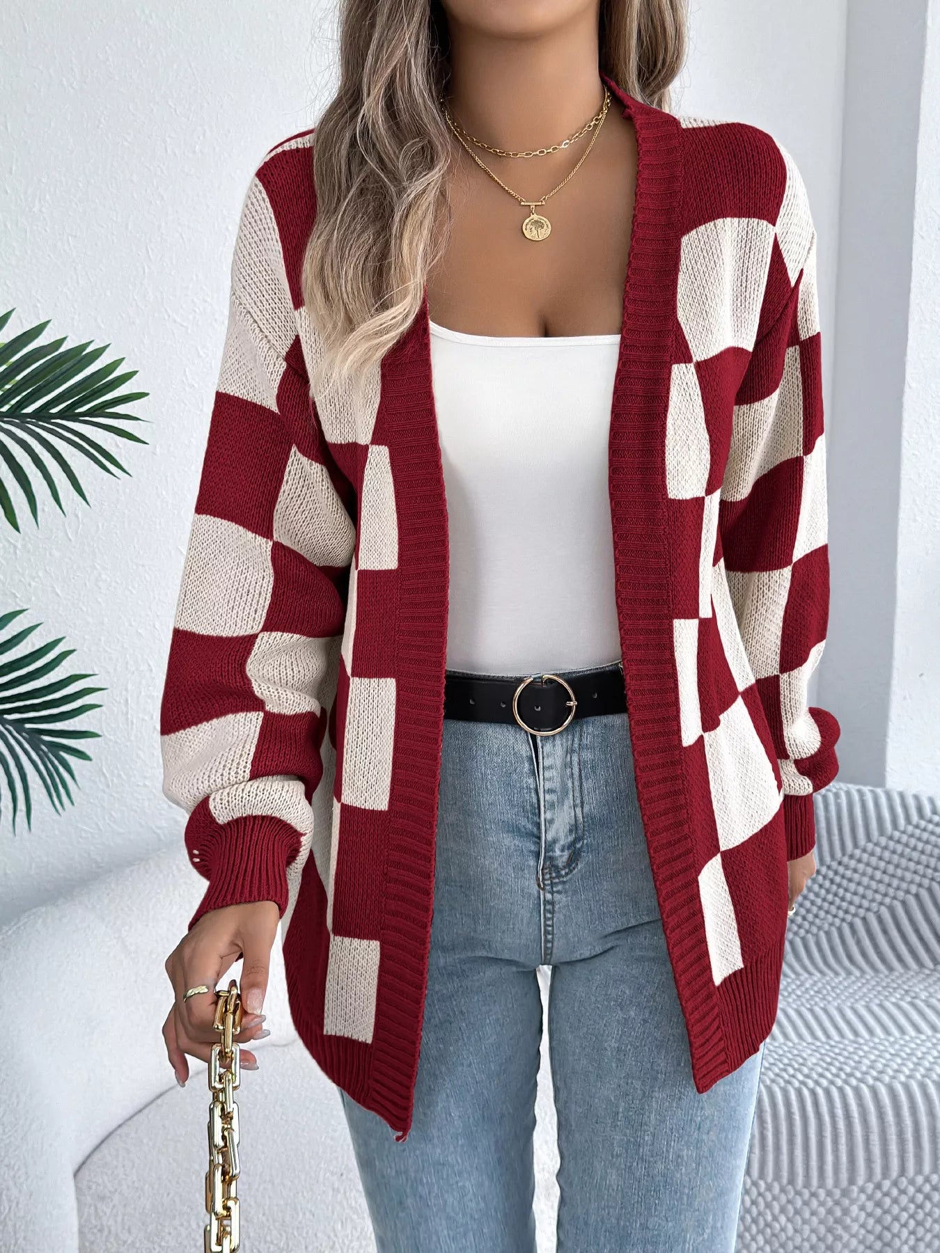 Checkered Pattern Open Front Cardigan styling — Livostyle