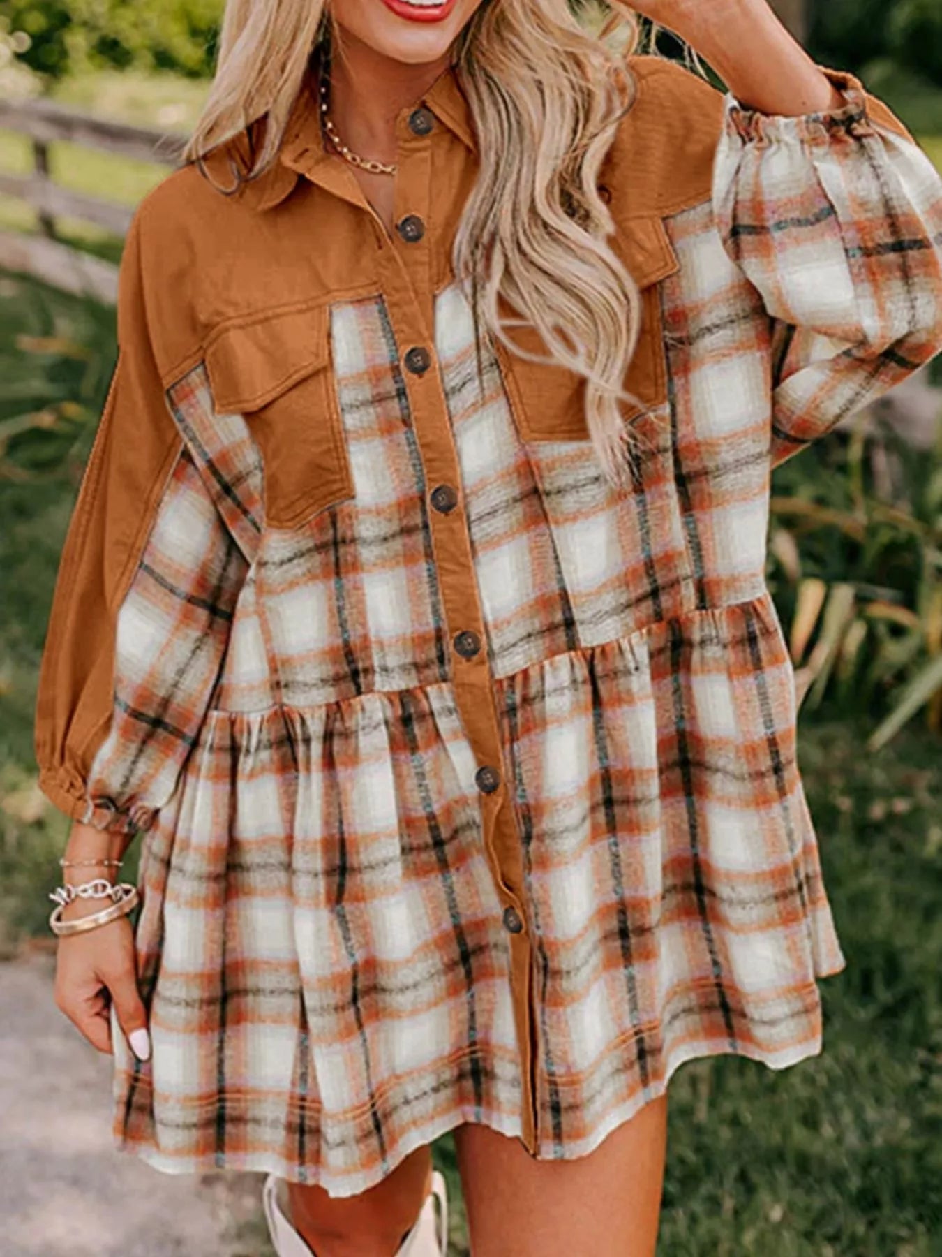 Plaid Button Front Mini Dress back view — Livostyle
