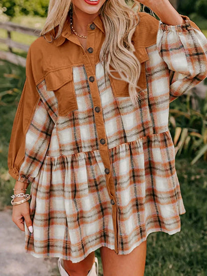 Plaid Button Front Mini Dress back view — Livostyle