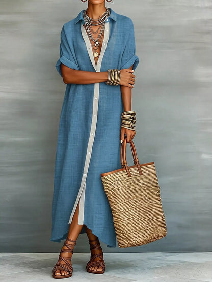 Casual Linen Shirt Dress with Button-Down Front in Cerulean