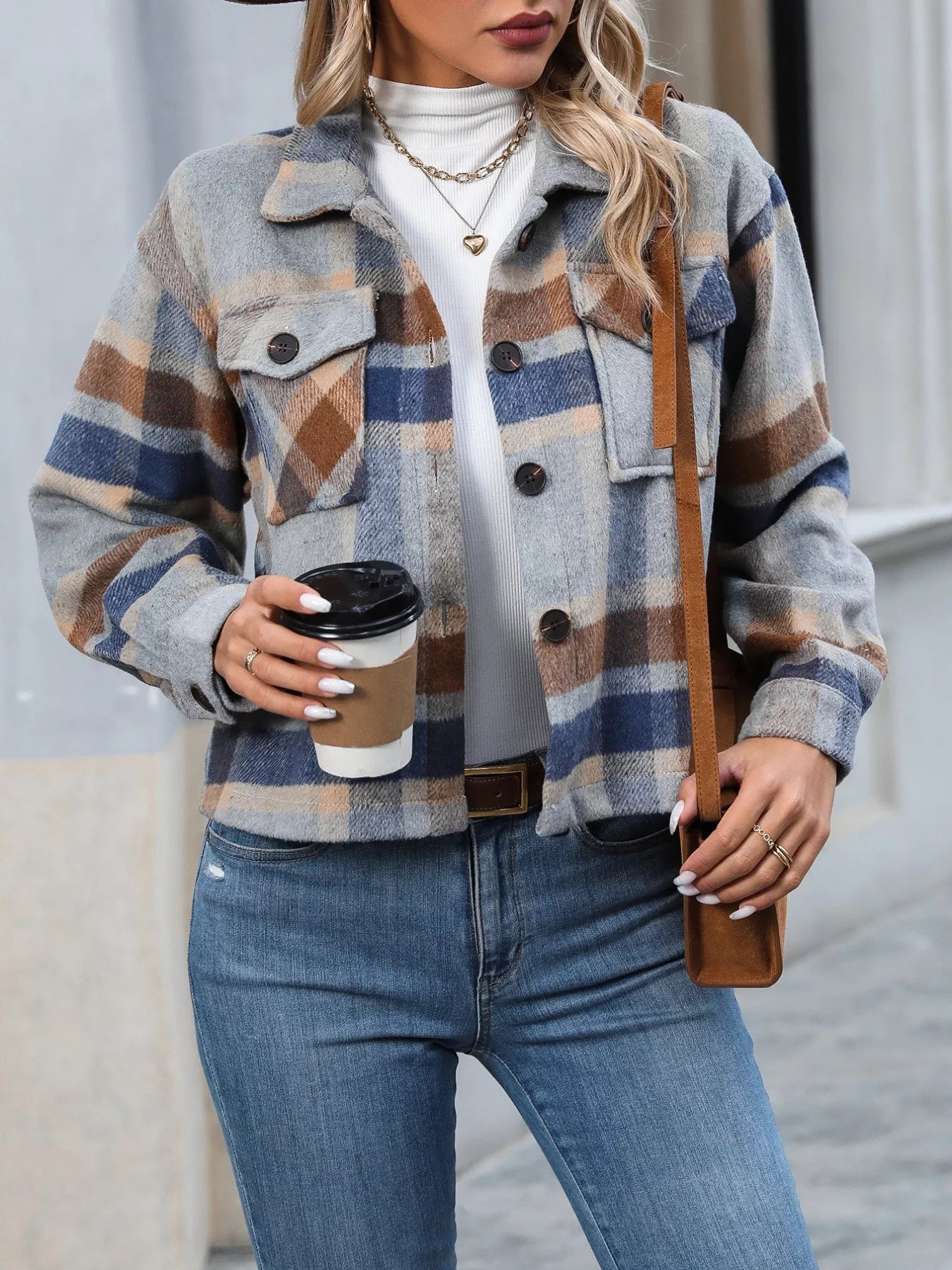 Plaid Oversized Button-Up Cropped Jacket — Livostyle