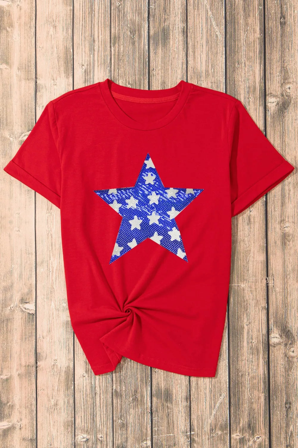 Sequin Star Round Neck Short Sleeve T-Shirt closeup — Livostyle