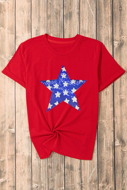Sequin Star Round Neck Short Sleeve T-Shirt closeup — Livostyle