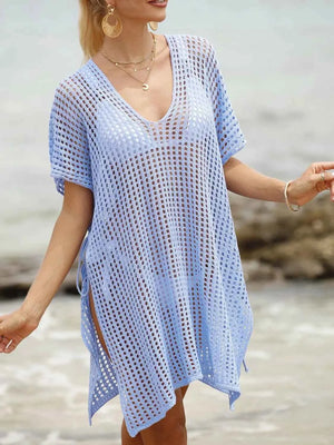 Side Tied V-Neck Short Sleeve Crochet-Style Cover-Up in Light Blue