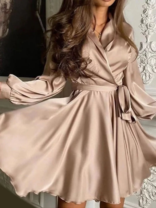 Satin Surplice Long Sleeve Mini Dress in Milky White