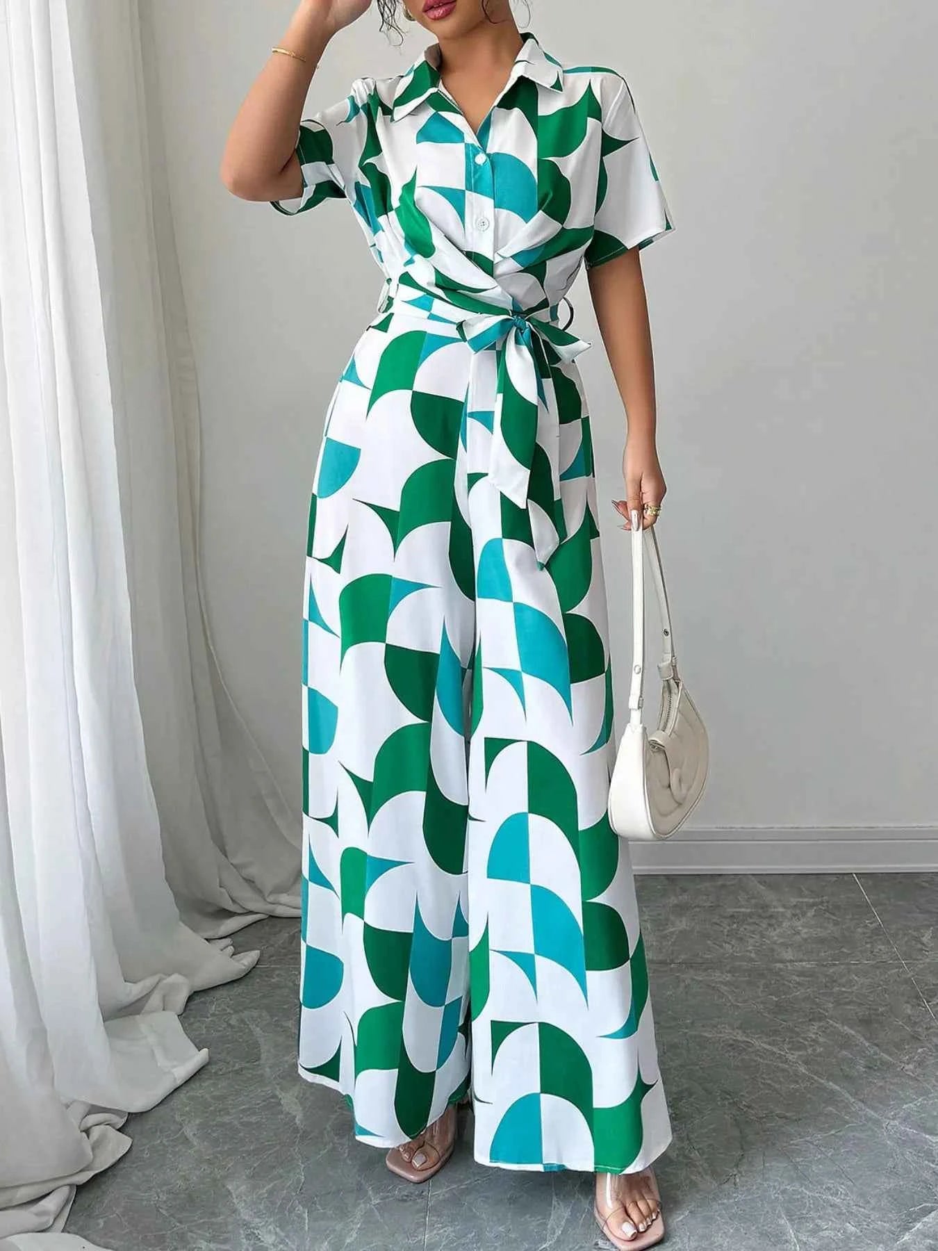 Geometric Print Belted Wide Leg Jumpsuit