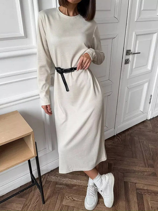 Round Neck Long Sleeve Midi Dress in Beige