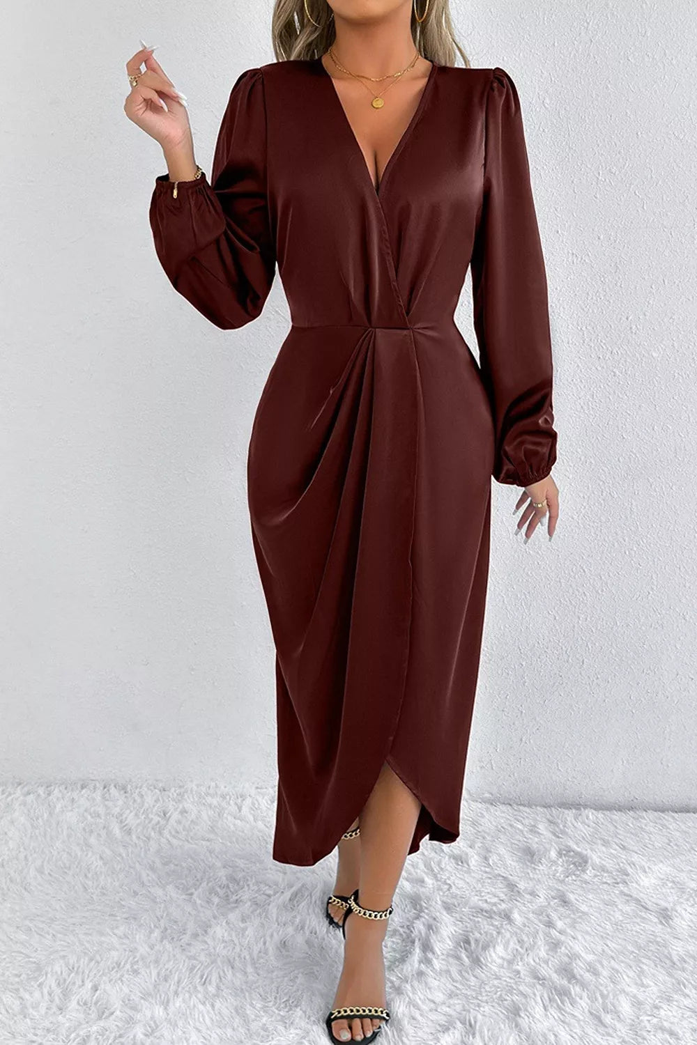 Satin Balloon Sleeve Midi Dress with Slit – photo 19