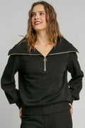 Ribbed Knit Half Zipper Sweatshirt in Black — Livostyle