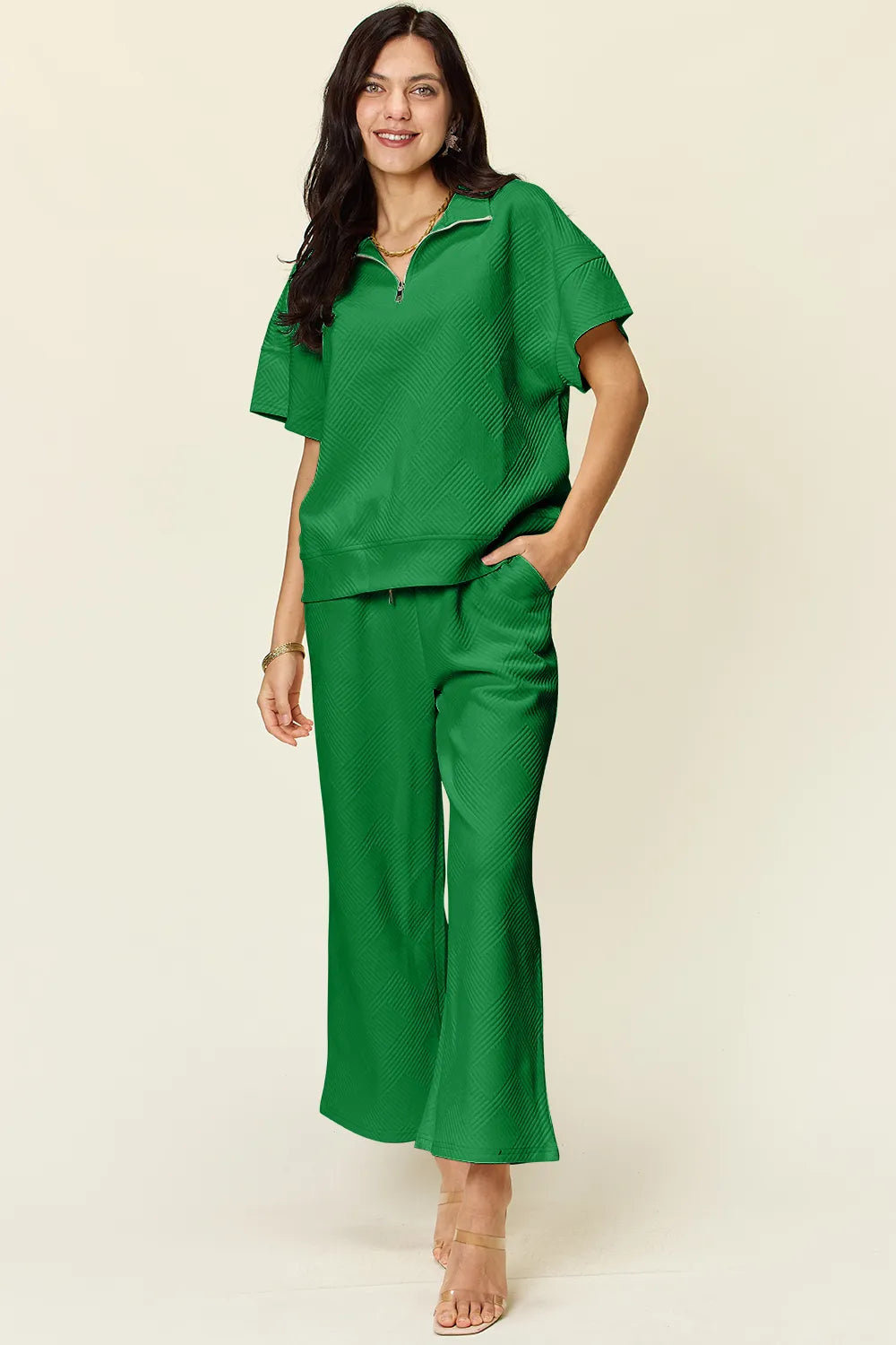 Texture Half Zip Short Sleeve Top and Pants Set — Livostyle
