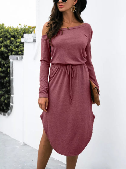 One-Shoulder Long Sleeve Midi Dress with Drawstring Waist in Deep Purple