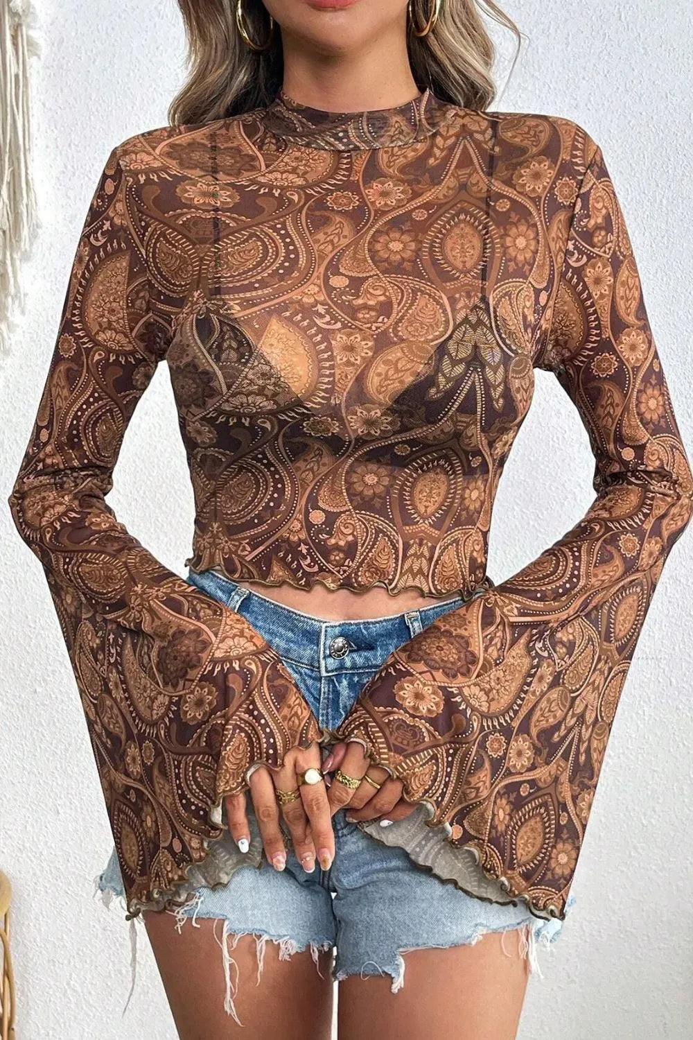 Printed Mock Neck Flare Sleeve Top back view — Livostyle